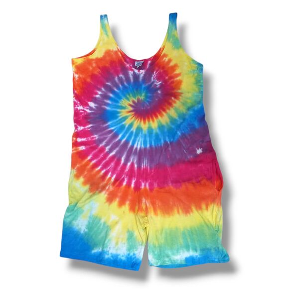 Vintage Gonser Tie Dye Tank Romper-One Size-Pockets-Y2K-USA Made-Distressed - Picture 1 of 10